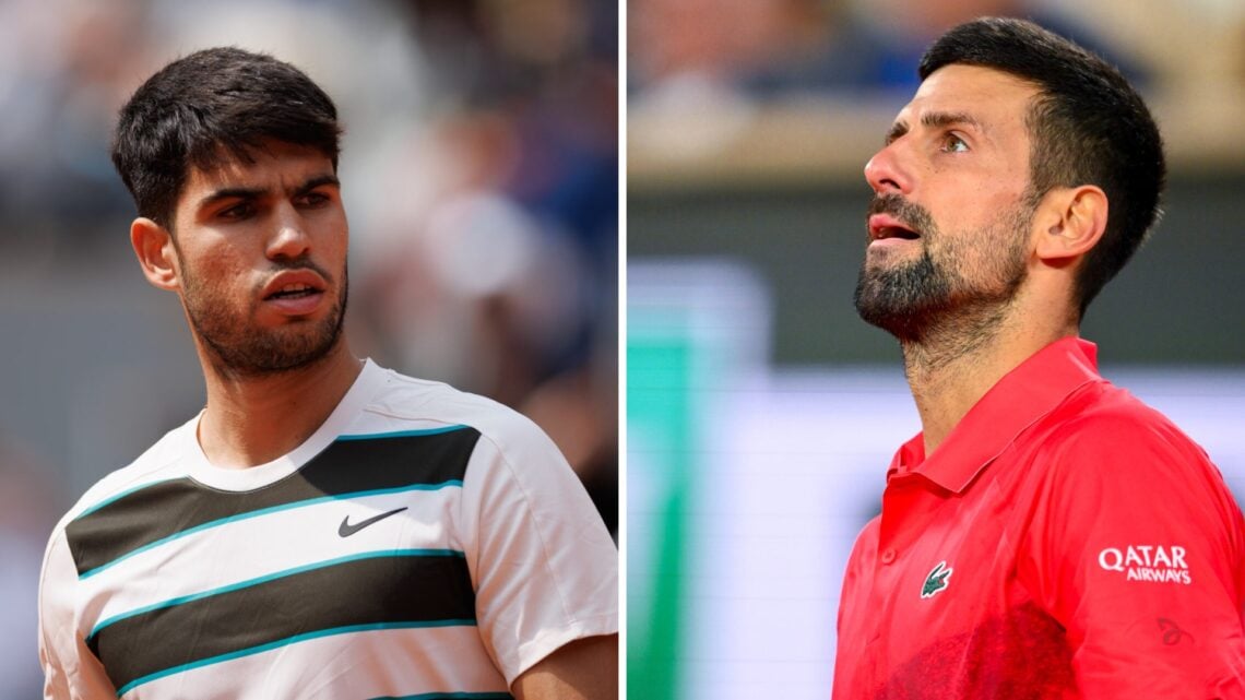 Split image of Carlos Alcaraz of Spain looks on against Jannik Sinner of Italy during the Men's Singles Final match on Day Fifteen of the 2025 Fren...