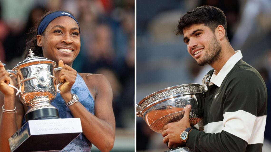 Coco Gauff (L) holding the French Open trophy, Carlos Alcaraz (R) holding the French Open trophy
