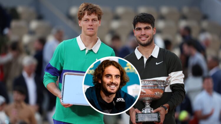 Jannik Sinner and Carlos Alcaraz (T) holding their trophies at the French Open, Stefanos Tsitsipas (B) at a press conference at the Paris Masters i...