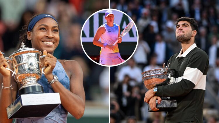 Split image of Coco Gauff (L) holding the French Open trophy and Carlos Alcaraz (R) holding the French Open trophy, inset Iga Swiatek plays at the ...