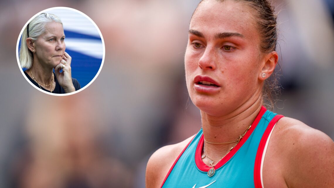 Aryna Sabalenka looks on against Coco Gauff of United States during the Women's Singles Final match on Day Fourteen of the 2025 French Open at Rola...