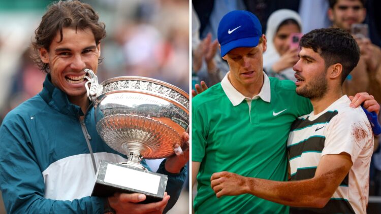 Split image of Rafael Nadal biting the trophy after winning the 2013 French Open, image of Carlos Alcaraz and Jannik Sinner embracing after the 202...