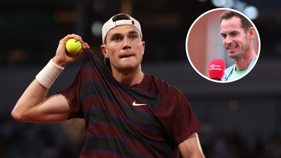 Britain's Jack Draper reacts during his men's singles match against France's Gael Monfils on day 5 of the French Open tennis tournament on Court Ph...