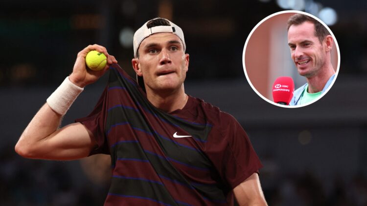 Britain's Jack Draper reacts during his men's singles match against France's Gael Monfils on day 5 of the French Open tennis tournament on Court Ph...