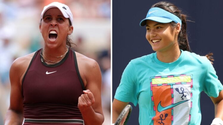 Madison Keys of United States celebrates winning match point against Hailey Baptiste. Emma Raducanu of Great Britain in action during a practice da...