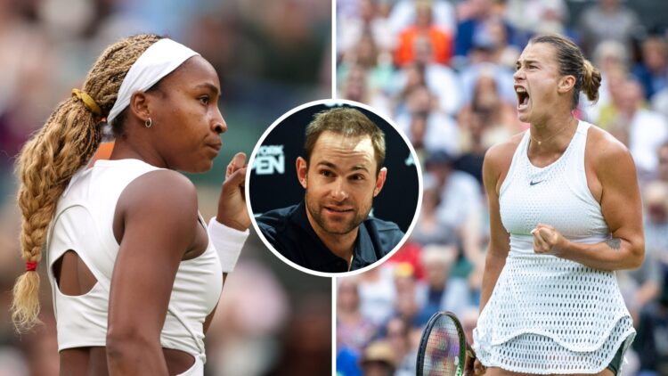 Split image of Coco Gauff celebrating during her third-round win at Wimbledon in 2024, image of Aryna Sabalenka celebrating during her defeat to On...
