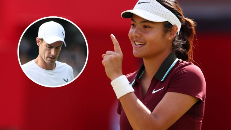 Image of Emma Raducanu celebrating her win over Cristina Bucsa at Queen's in 2025, inset of Andy Murray looking on during the doubles tournament at...