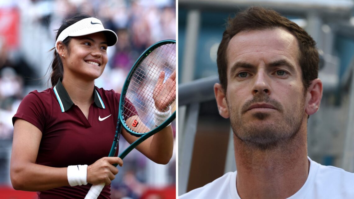 Split image of Emma Raducanu celebrating her first-round win at Queens' in 2025, image of Andy Murray looking on during the 2025 Miami Open
