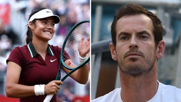 Split image of Emma Raducanu celebrating her first-round win at Queens' in 2025, image of Andy Murray looking on during the 2025 Miami Open