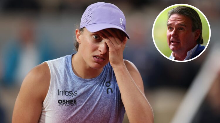 Iga Swiatek of Poland reacts against Aryna Sabalenka in the Women's Singles Semi Final match on Day Twelve of the 2025 French Open at Roland Garros...