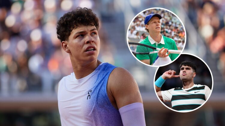 Ben Shelton looks on during the 2025 French Open, insets Jannik Sinner looks on and Carlos Alcaraz celebrates at the 2025 French Open