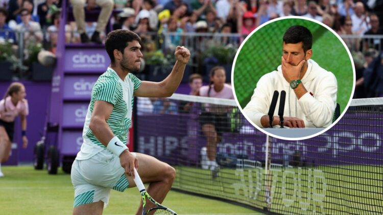 Image of Carlos Alcaraz celebrating a point at Queen's in 2023, inset of Novak Djokovic speaking to the media following his defeat to Carlos Alcara...