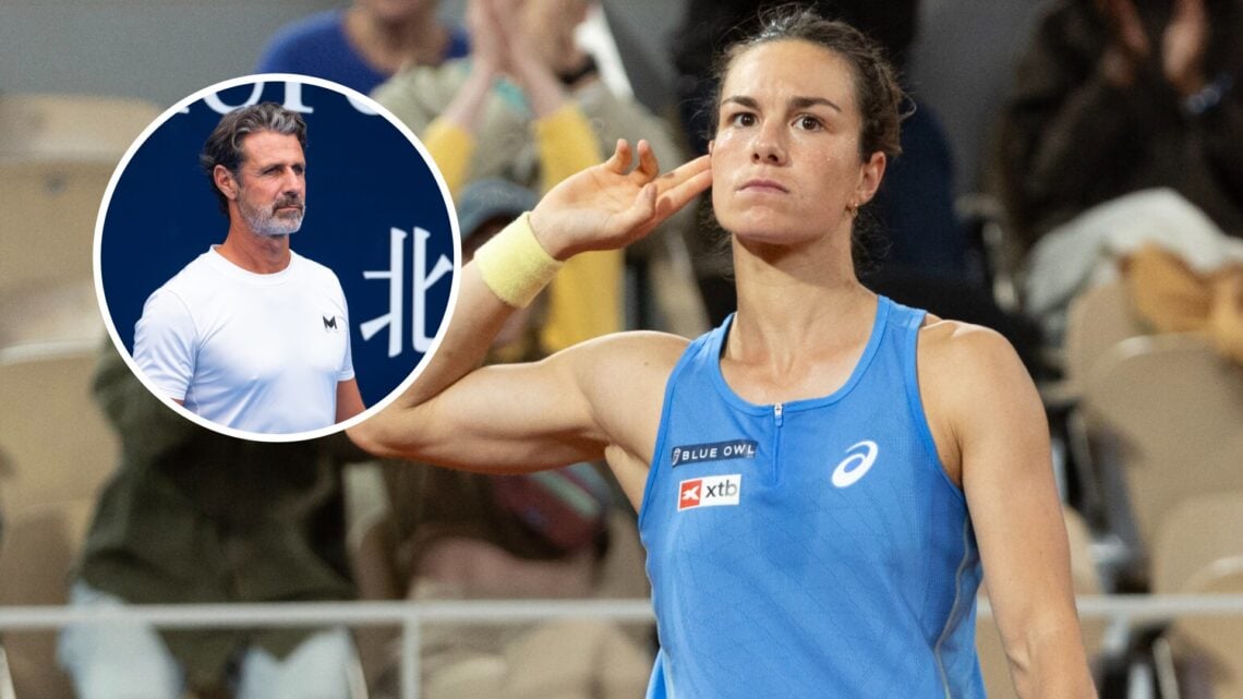 Image of Lois Boisson celebrating during her win over Mirra Andreeva at the 2025 French Open, inset of Patrick Mouratoglou looking on during practi...