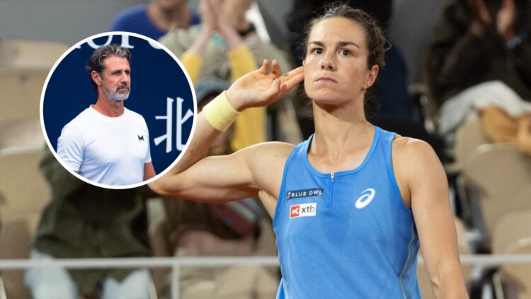 Image of Lois Boisson celebrating during her win over Mirra Andreeva at the 2025 French Open, inset of Patrick Mouratoglou looking on during practi...