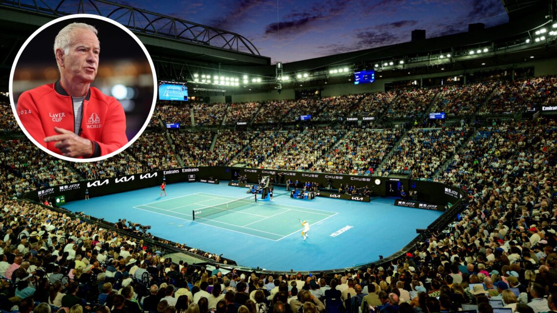 A general view as Italy's Jannik Sinner hits a return against Germany's Alexander Zverev during their men's singles final match on day fifteen of t...
