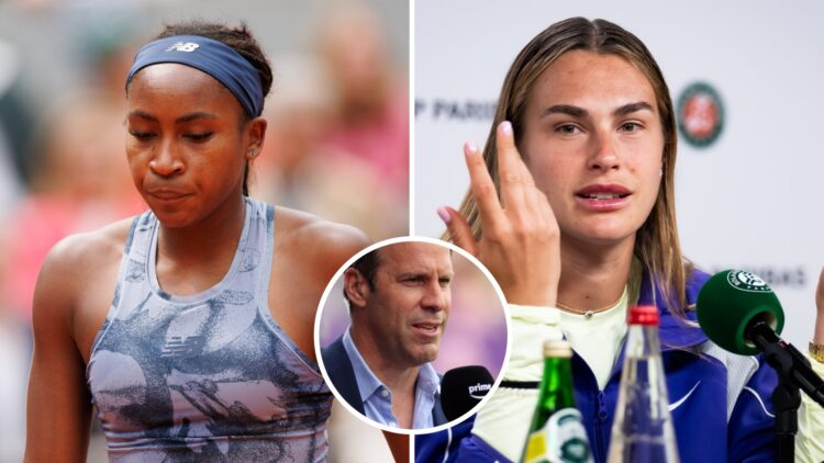 Split image of Coco Gauff of United States looks on against Aryna Sabalenka during the Women's Singles Final match on Day Fourteen of the 2025 Fren...