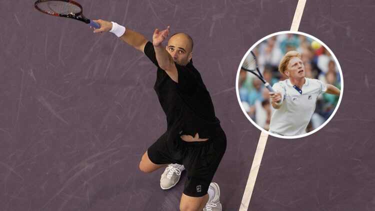 Andre Agassi plays at the 2002 Tennis Masters Madrid, inset Boris Becker plays at Wimbledon in 1989