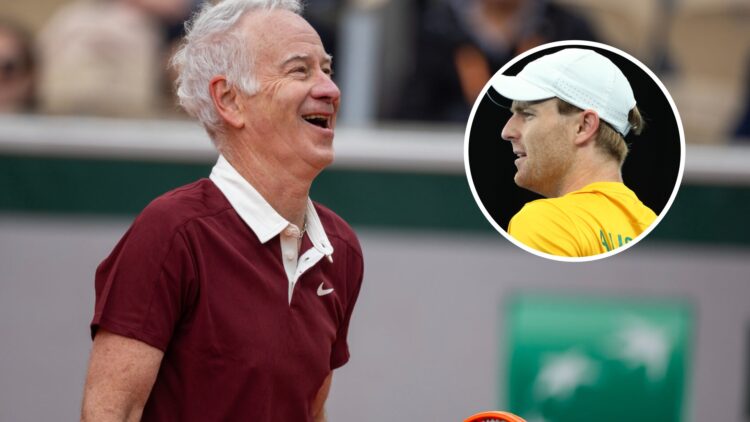 Image of John McEnroe laughing while playing doubles with Kim Clijsters at the 2025 French Open, inset of Luke Saville looking on during Australia'...