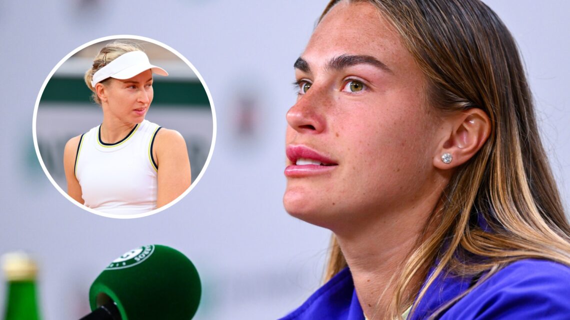 Image of Aryna Sabalenka speaking to the media ahead of the 2025 French Open, inset of Daria Saville looking on during her defeat to Madison Keys a...