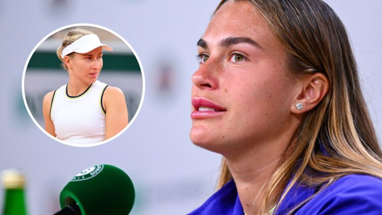 Image of Aryna Sabalenka speaking to the media ahead of the 2025 French Open, inset of Daria Saville looking on during her defeat to Madison Keys a...