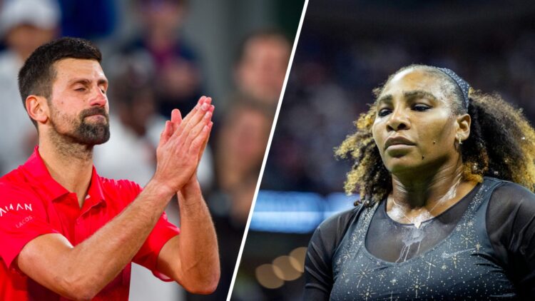 Split image of Novak Djokovic acknowledging the crowd after losing to Jannik Sinner at the 2025 French Open, image of Serena Williams looking on du...