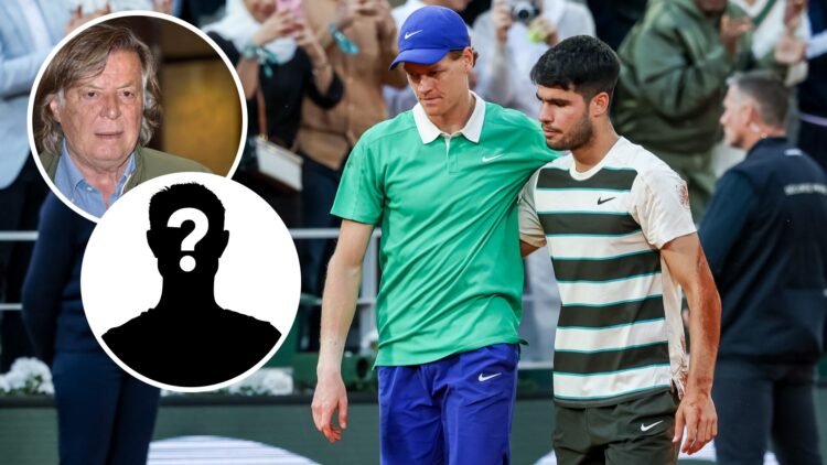 Jannik Sinner and Carlos Alcaraz during Roland Garros 2025 tennis tournament in Paris, France, with insets of Adriano Panatta attends the premiere ...