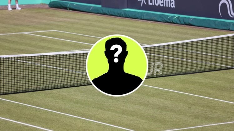 Image of a close up of the net at the Libema Open Grass Court Championships, inset of a male mystery player