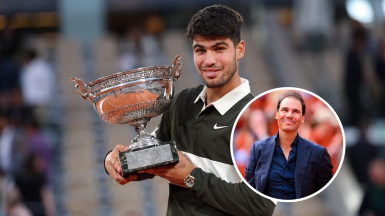 Carlos Alcaraz (L) holding the French Open trophy, Rafael Nadal (R) at his Roland Garros tribute ceremony.