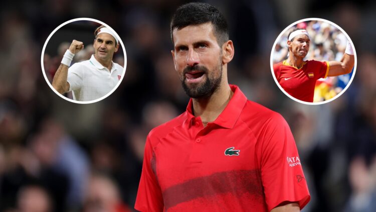 Roger Federer (L) celebrates a point at Wimbledon 2021, Novak Djokovic (M) reacts at the French Open 2025, Rafael Nadal (R) waves to the crowd at t...