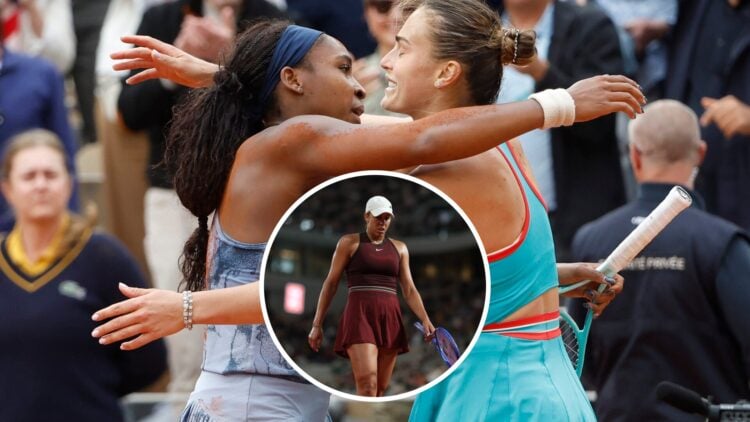 Coco Gauff and Aryna Sabalenka (hug), Madison Keys (middle) in a circle overlay