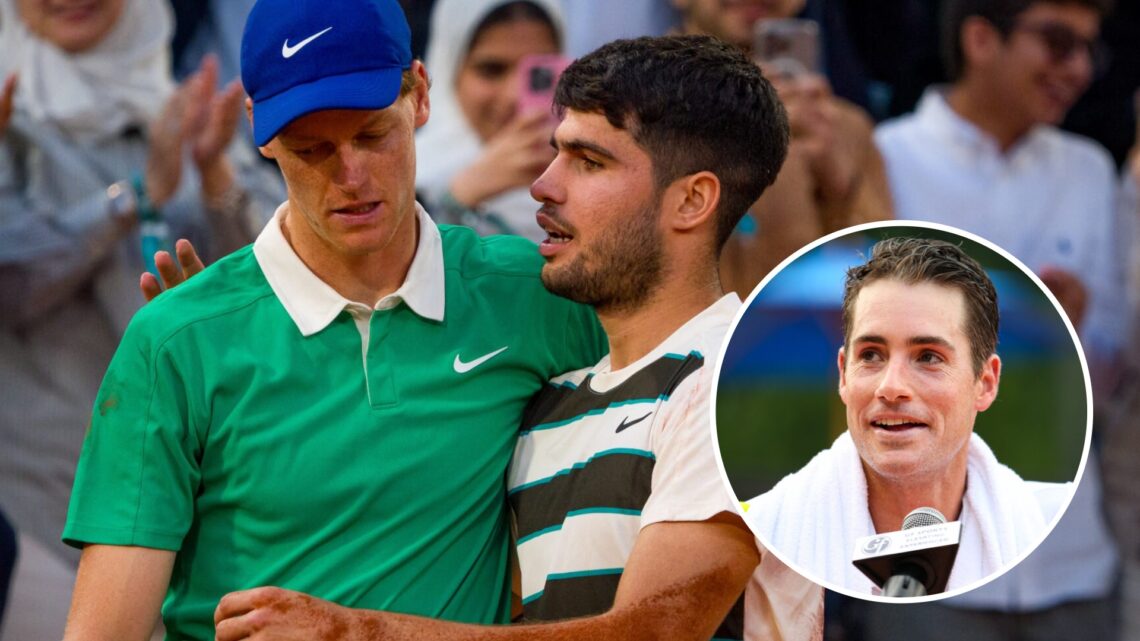 Carlos Alcaraz and Jannik Sinner embrace after their 2025 French Open final, inset John Isner speaks to the media at the 2020 All-American Team Cup