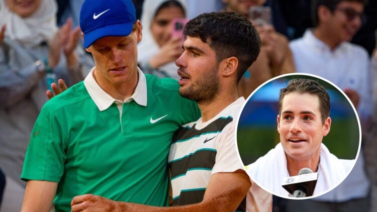 Carlos Alcaraz and Jannik Sinner embrace after their 2025 French Open final, inset John Isner speaks to the media at the 2020 All-American Team Cup