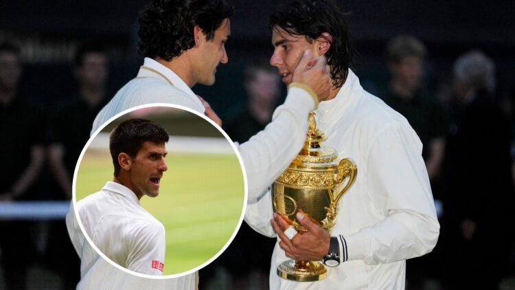 Novak Djokovic (L) at Wimbledon, Rafael Nadal and Roger Federer (R) at Wimbledon in 2008.