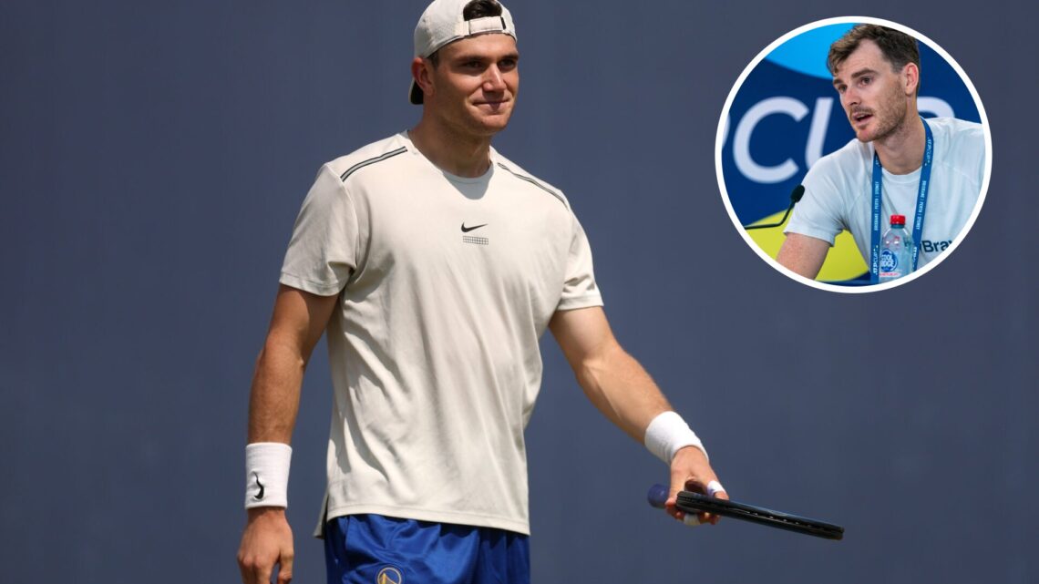 Jack Draper of Great Britain looks on during a practice session on Day Six of the 2025 HSBC Championships at The Queen's Club, with an inset of Jam...
