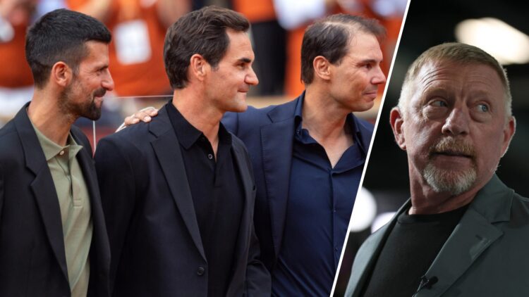 Novak Djokovic and Roger Federer attend Rafael Nadal's 2025 French Open farewell ceremony, inset Boris Becker looks on during the 2024 Paris Olympi...