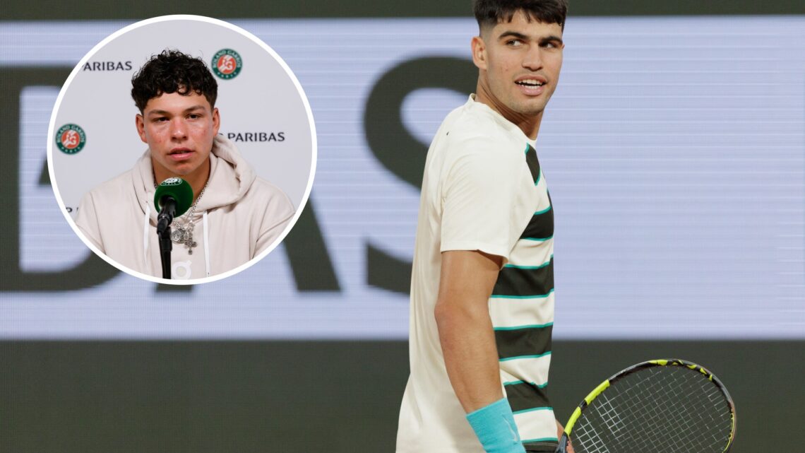 Carlos Alcaraz of Spain looks on against Fabian Marozsan of Hungary during the Men's Singles Second Round match on Day Four of the 2025 French Open...