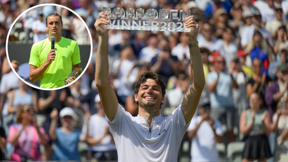 Taylor Fritz of United States of America celebrates after winning the final match against Alexander Zverev of Germany during day seven of the BOSS ...