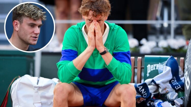 Jannik Sinner of Italy looks dejected following the Men’s Singles Final match on Day Fifteen of the 2025 French Open at Roland Garros, with an inse...