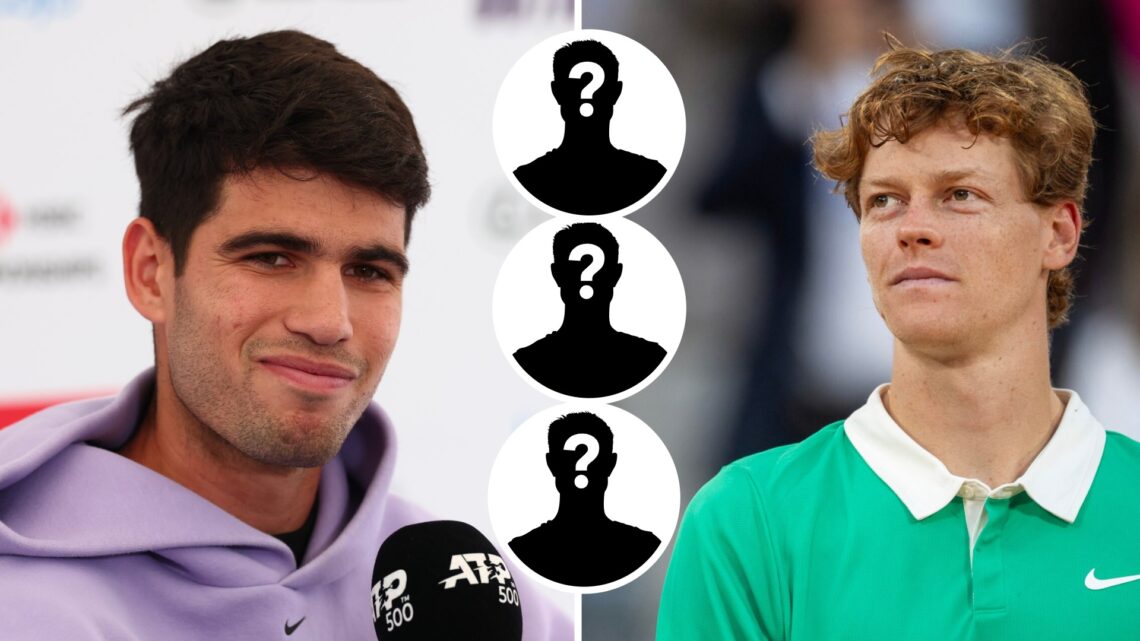 Split image of Carlos Alcaraz during his press conference at The Queen's Club and Jannik Sinner of Italy during the trophy presentations after his ...