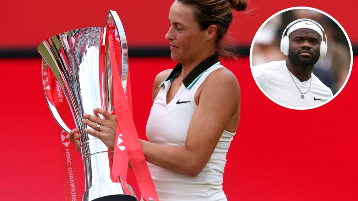 Tatjana Maria with the Women's singles trophy at The Queen's Club, with an inset of Frances Tiafoe of United States looks on as he prepares to play...