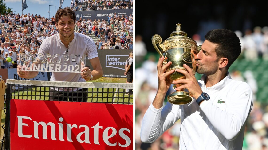 Split image of Taylor Fritz of United States poses with his trophy for the singles Champion at the Emirates net sign after winning the final agains...