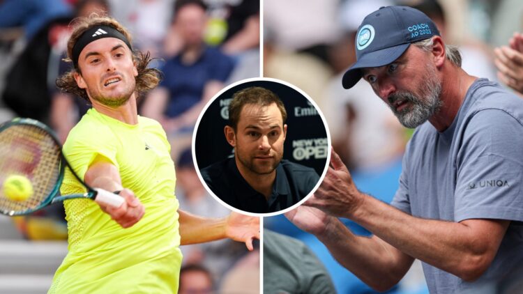 Split image of Stefanos Tsitsipas hitting a forehand against Matteo Gigante at the 2025 French Open, image of Goran Ivanisevic applauding Elena Ryb...