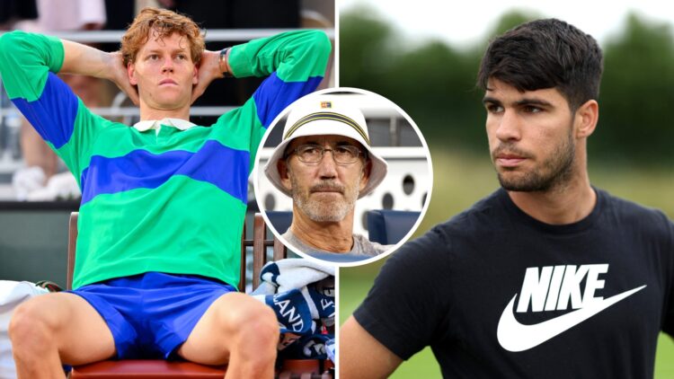 Split image of Jannik Sinner of Italy looks dejected before the trophy ceremony following his defeat to Carlos Alcaraz of Spain in the Men’s Single...