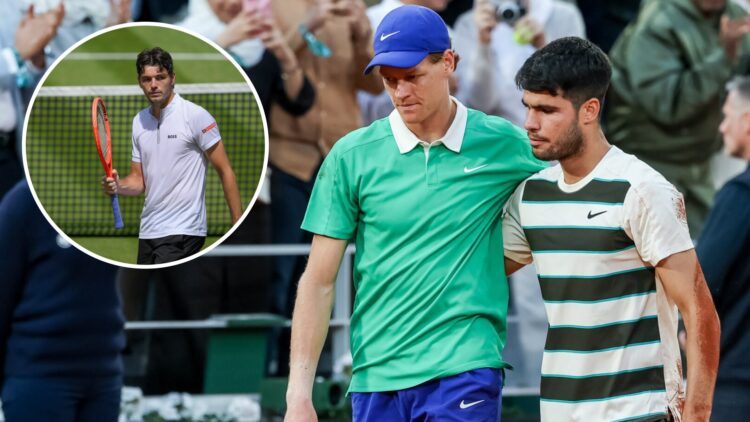 Jannik Sinner and Carlos Alcaraz embrace after the 2025 French Open final, inset Taylor Fritz plays at the 2025 Boss Open