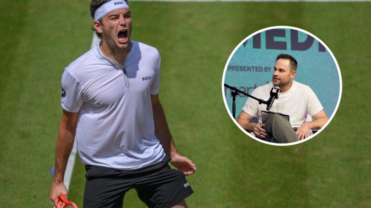 Image of Taylor Fritz celebrating his win over Felix Auger-Aliassime at the 2025 Stuttgart Open, inset of Andy Roddick speaking at the 2025 SXSW Co...