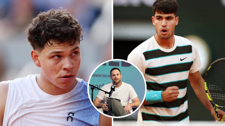 Split image of Ben Shelton of United States looks on against Carlos Alcaraz of Spain during the Men's Singles Fourth Round match on Day Eight of th...