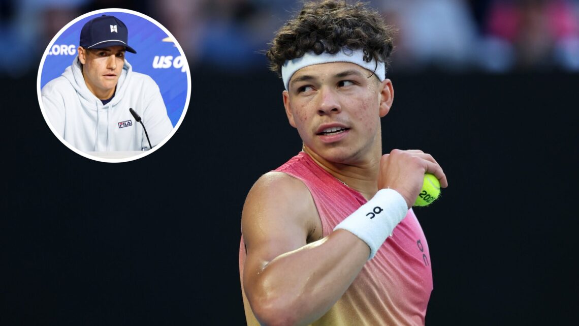 Ben Shelton of the United States reacts in the Men's Singles Semifinal against Jannik Sinner of Italy during day 13 of the 2025 Australian Open at ...