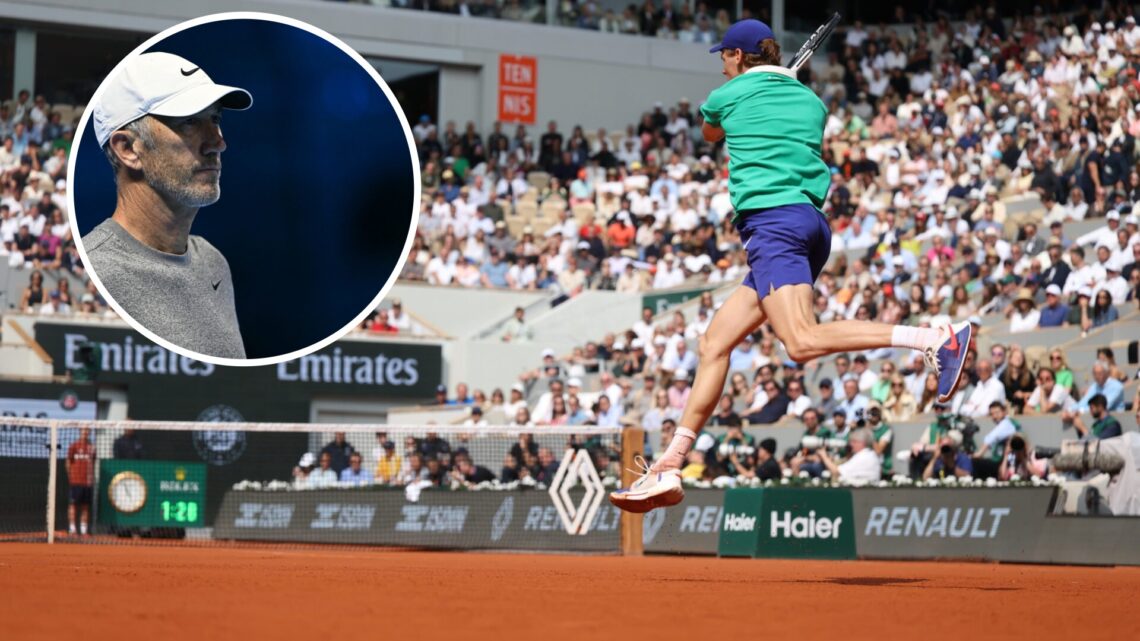 A general view of Jannik Sinner of Italy in action against Carlos Alcaraz of Spain in the Final of the Men's singles competition on Court Philippe-...