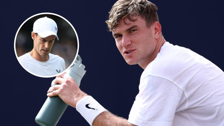 Image of Jack Draper looking on ahead of the 2025 Queen's Club Championships, inset of Andy Murray looking on during the 2024 Wimbledon doubles tou...