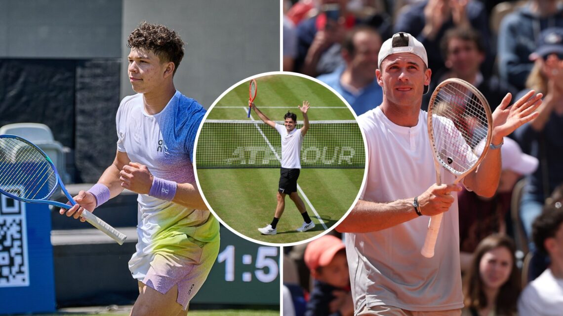 Split image of Ben Shelton playing at the 2025 Boss Open (L) and Tommy Paul playing at the 2025 French Open, inset Taylor Fritz plays at the 2025 B...
